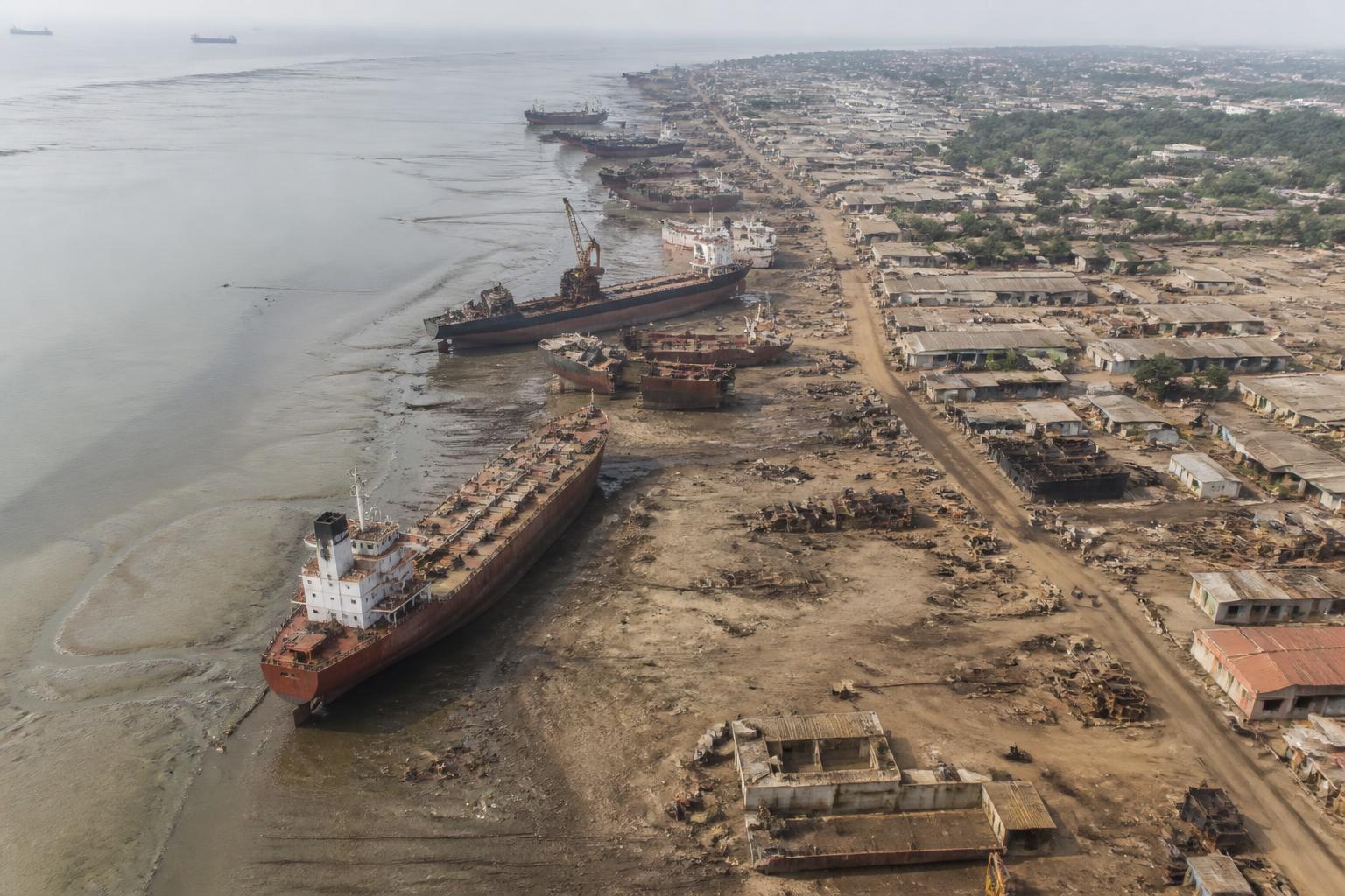 Ship recycling yard with machinery and scrap lots
