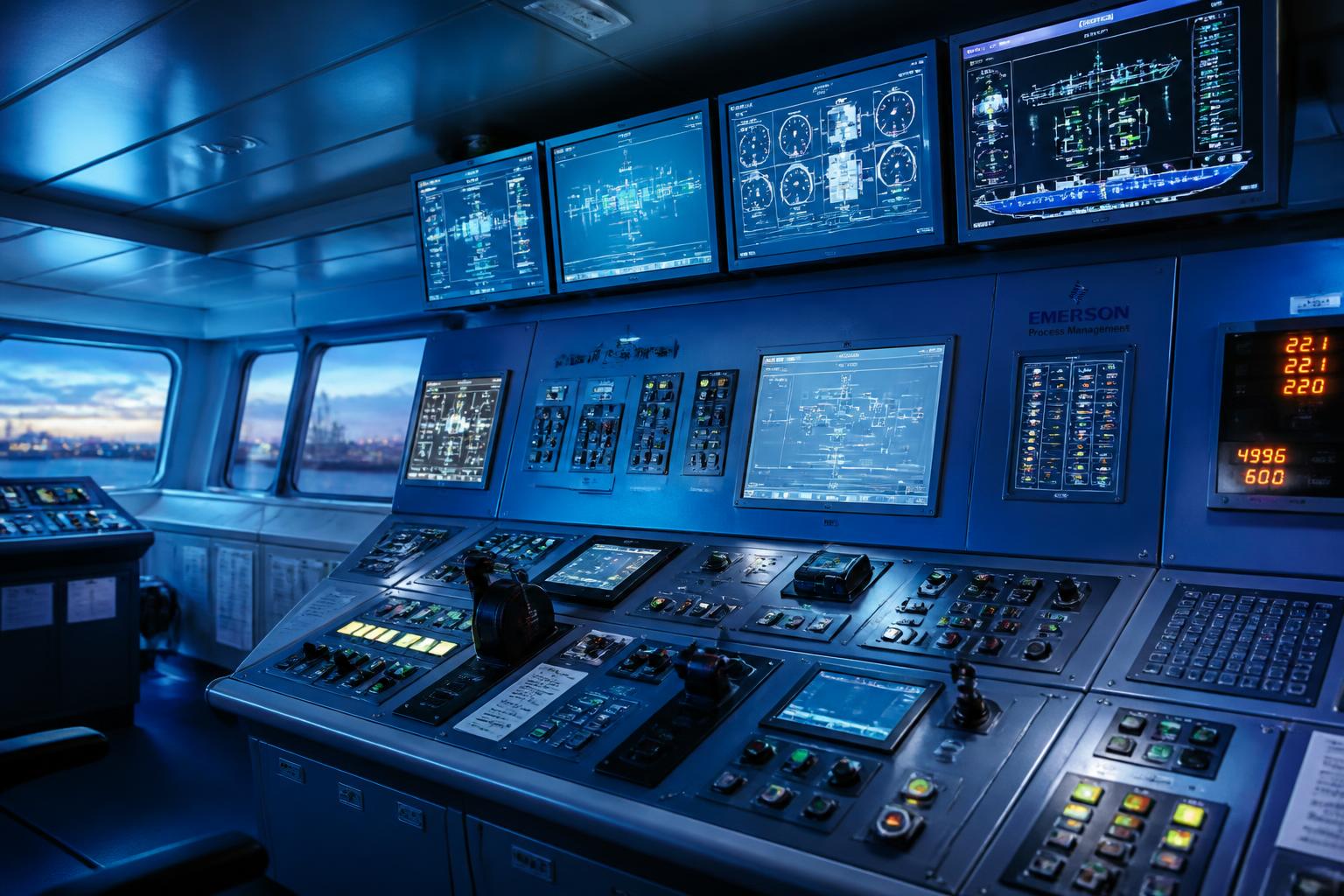 Marine automation control console with monitors and instrumentation panels