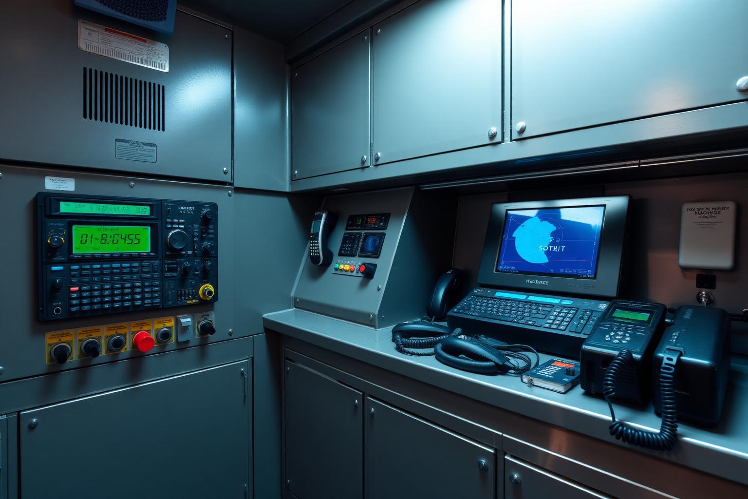 Marine radio communication station with transceivers and handsets on a vessel