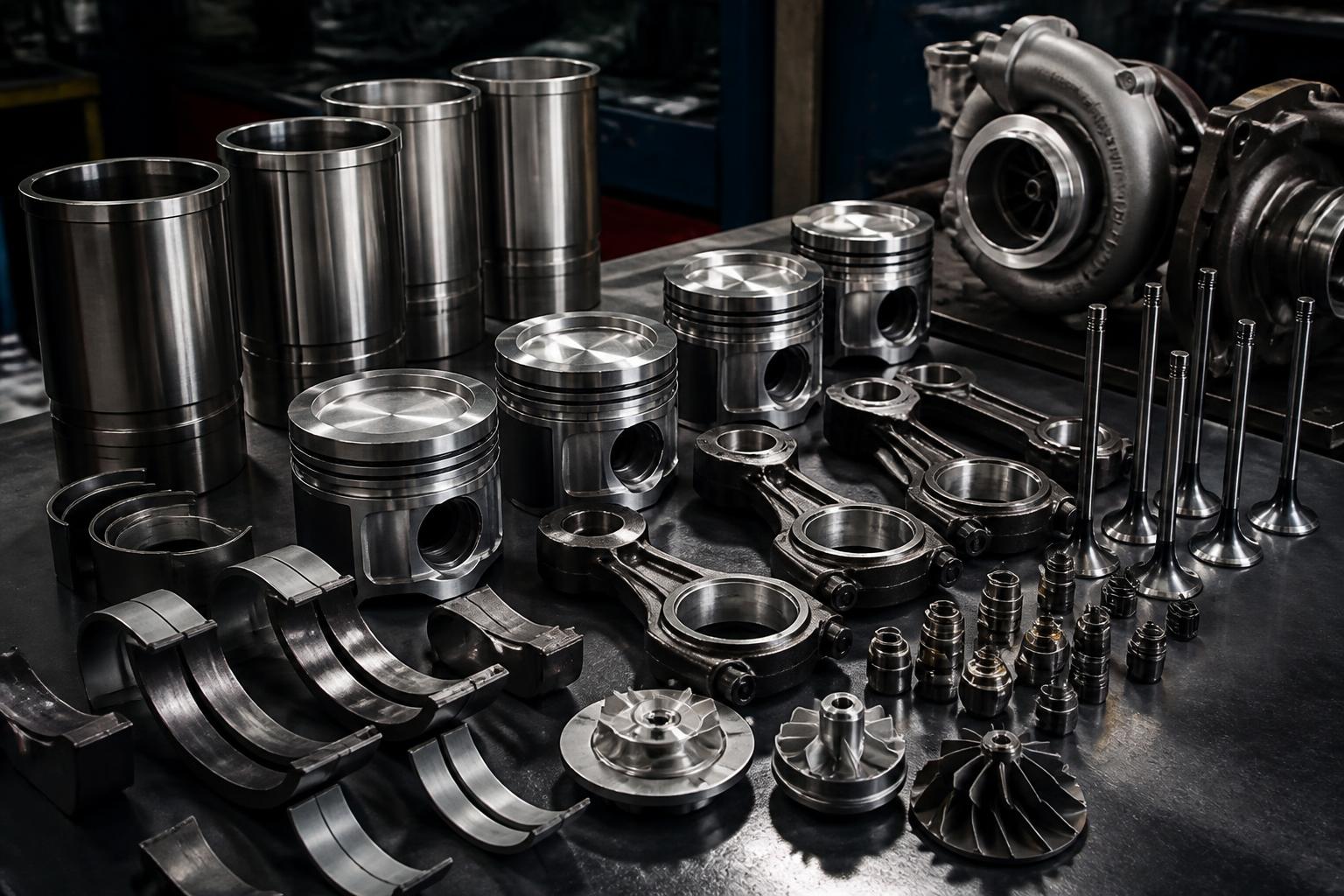 Marine engine components including pistons, cylinder liners and bearings