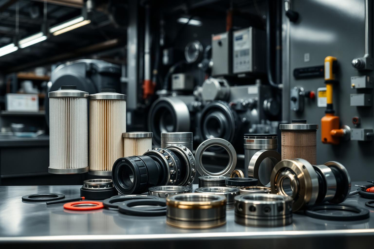 Marine spare parts and machinery components in a supply warehouse