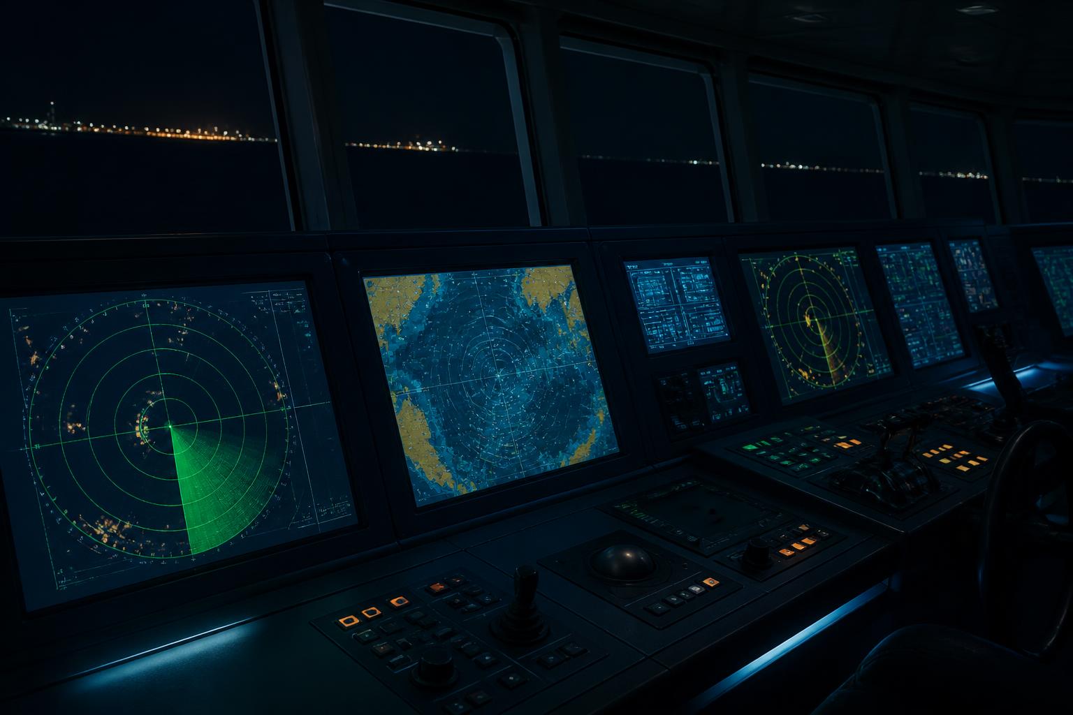 Ship bridge navigation console with radar and chart displays