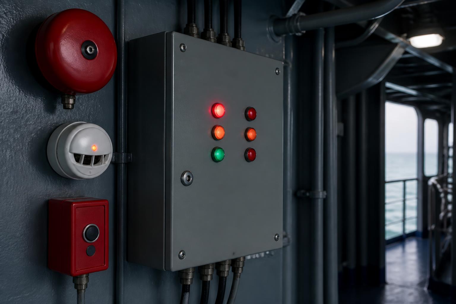 Marine fire alarm bell, smoke detector and safety control cabinet on a ship bulkhead