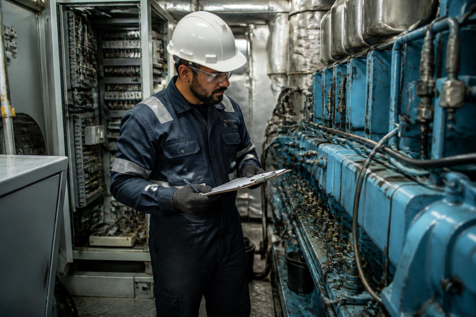 Marine technician inspecting machinery components in an engine room